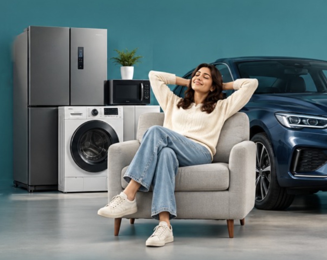 Woman relaxing beside a fridge, washing machine and her car